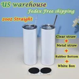 US warehouse 20oz Skinny straight Sublimation Tumblers 25pcs per carton Clear & Metal Straws Rubber bottoms Stainless Steel Double270O