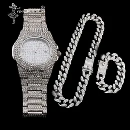 Luxe Goud Kleur Horloge Crystal Miami Out Cubaanse Ketting Goud Zilver Mannen Horloge Ketting Armband Hip Hop Jewerl Voor mannen 2CM271w