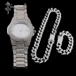 Luxe Gouden Kleur Horloge Crystal Miami Out Cubaanse Ketting Goud Zilver Mannen Horloge Ketting Armband Hip Hop Jewerl Voor mannen 2CM2838