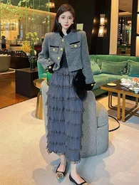 French Small Fragrance Chic Women's Clothing Vintage Coats Jacket Outwear High End Elegant Cake Skirts Two Pieces Set Suit 240124