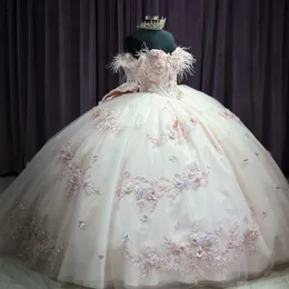 كرات فاخرة ثوب quinceanera فستان 3D الأزهار الزهري الدانتيل ريش