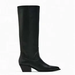 Дизайнерская повседневная женская обувь Za, черные брюки с большой талией, длинные высокие сапоги на среднем каблуке с острым носком