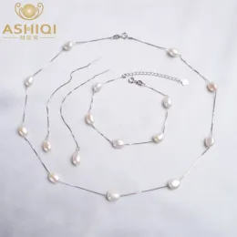 Set Ashiqi Real 925 Sterling Silver Natural Freshwater Pearl Smycken Set Necklace Armband örhängen för kvinnor mode 2020 NYTT