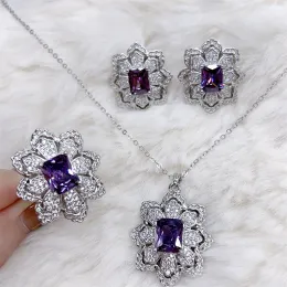 Set Women's Fashion Jewelry Sterling 925 Silver Purple Zircone Necklace Orecchini Anello per donne Elegante Set di gioielli da sposa