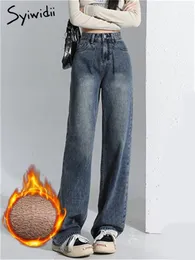 Syiwidii ​​Velvet Thicken Blue Jeans för kvinnor mode vintage hög midja jeans avslappnad lös rak bred ben jeans 240125