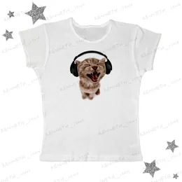 Mulheres T-shirt Mulheres Divertido Gatinho Imprimir Camisetas 2023 Verão Harajuku Kawaii Manga Curta Tees Feminino Casal Streetwear Roupas Soltas Y2K Tops T240129