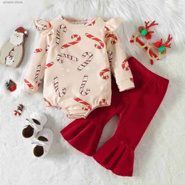 Kläder set Citgeett Autumn Christmas Infant Baby Girls Outfits Print Long Fly Sleeve Romper + Solid Color Velvet Flare Pants Xmas Set