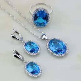 Rings 11.11 Sterling Sier Jewelry Oval Sky Blue White Cubic Zirconia Jewelry Sets Christmas Earring/pendant/necklace/ring