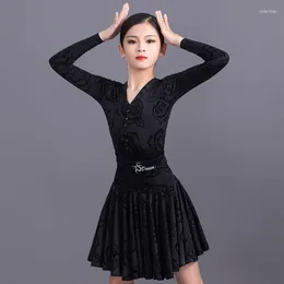 Etapa desgaste vestido de baile latino para niñas patrón negro impresión competencia ropa tango salsa rumba chacha samba rendimiento DN6389