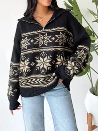 여자 스웨터 여성 겨울 니트 스웨터 캐주얼 긴 소매 턴-다운 고리 ZIPPER PULLOVER FALL 따뜻한 니트웨어 Y2K 스트리트웨어