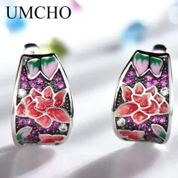 Charm Umcho Orecchini a clip con rubino rosso smaltato fatto a mano per le donne Gioielli Sier Regalo di nozze per feste Sterling Sier Fine Jewelry