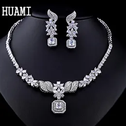 Sets HUAMI New Creative Leaf Drop Zircon Pendant Necklace Earrings Set Women Wedding Bridal Jewelry Set Anniversary Lady Gifts