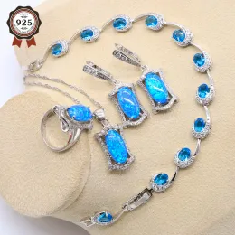 Stränge Luxus 925 Silberblau Opal Brautschmucksets Ringe Ohrringe Armbänder Anhänger Hochzeitskette für Frauen