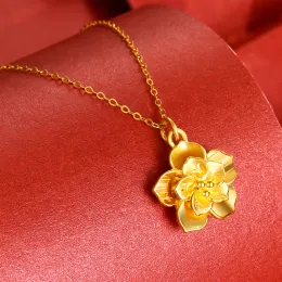 Necklace Real 18K Gold Color Golden Peony Flower Pendant Necklace Trendy Solid 999 Color Chain for Women Fine Jewelry Gifts