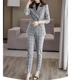 British Style Women's Suit Plaid Blazer And Pants Double Breasted Jacket Formal Pantsuit For Work Wear Office Outfits 2 Piece 240129