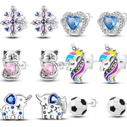 Stud 925 Sterling Silver Cute Unicorn Stud örhängen för Little Girl Crystal Cat Mouse Elephant Heart Star Earring Gift SMEEXKE Women YQ240129