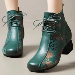 Boots GKTINOO Genuine Leather Ankle Boots 2024 Winter New Ethnic Printed Women's Boots Soft Soles Thick Heels Mother's Leather BootsL2401