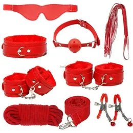 Bondage Bondage Dog Slave PU Leather Whip Plush Collar Wrist Ankle Cuffs Mouth Plug Eye Mask Nipples Clips Flogger Sex Toys For Women