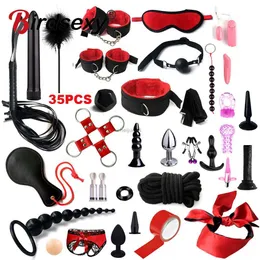Bondage bdsm sexlove conjunto kits bdsm adultos brinquedos sexuais para mulheres homens algemas grampos de mamilo chicote palmada sexo metal anal plug vibrador bunda