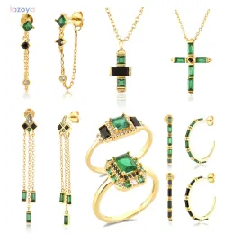 قلادة Lozoya 925 Sterling Silver Gold Sabrina Zircon Zircon Green Black Stainring Cross Necklace Ring Jewelry مجموعة Anillo Fino Jewels