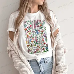 여자 티셔츠 빈티지 꽃 삽화 티셔츠 보호 스타일 캐주얼 플로럴 프린트 탑 귀여운 미적 그래픽 여성 Tshirts 코티지 코어 옷 T240129