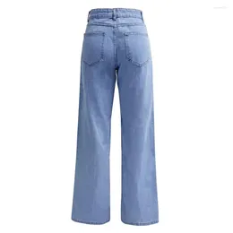 Jeans para mujer Botón de mujer Cierre de cintura alta Pierna ancha con bolsillos rectos retro Slim Fit Pantalones de mezclilla de longitud completa para un