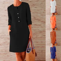 الفساتين غير الرسمية 2024 النساء Soild Soild Long Sleeve Cotton و Linen Tunic Dress Vintage Mini Excludy Scenter