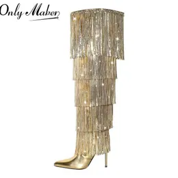 Boots Onlymaker Women Pointed Toe Gold Fringe Metallic Slim Over The Knee Boots Stiletto Sexy Dance Thigh BootsL2401