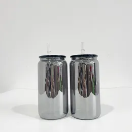재활용 가능한 높은 보로 실리케이트 유리 BPA 프리 메일 나이트 메탈 미러 블랙 도금 16 온스 맥주 소다 소다 캔 블러 안경 플라스틱 뚜껑과 UV DTF 랩을위한 빨대