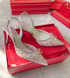 Zarif Gelin Düğün Renecaovilla Aretha Slingbacks Ayakkabı Pompaları Naylon Mücevher Kristalleri Boncuklar İşlemeli Sandalet Parti Gelinlik Yürüyüş EU35-43