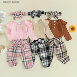 Kläderuppsättningar 2023-11-09 LIORITIIN 0-18M Spädbarn Baby Girls Fall Cloths Set Solid Color Button Långärmor Rompers Plaid Pants Pannband