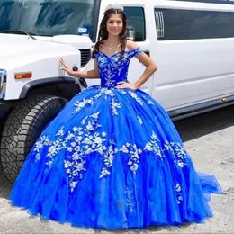 青い花のアップリケQuinceanera Dresses Ball Gown Off Offer Offer Vestidos de 15 Anos Layere Tulle Princessジュニアガールズバースデーパーティーガウン