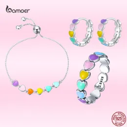 Sets Bamoer Mode Herzringe Armband Ohrringe Anzüge 925 Sterling Silver Rainbow Series Ringe Sets für Frauen Allmatch Jewelry