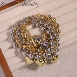 Pulseira 5 peças, pulseiras de coração cor de ouro polido para mulheres pulseiras de corrente com contas balançando joias amigos presentes