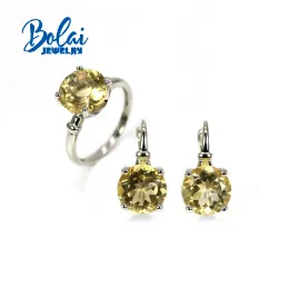 Rings Bolai, Sterling Sier Natural Citrine Cut Gemstone Ring Earring Jewelry Set Women 's Fine Jewelry 기념일 생일 선물