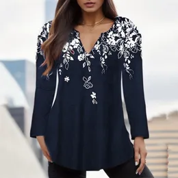 Damesblouses Vintage print V-hals T-shirt Tops Dames Grote maten Lange mouwen Losse casual tuniek Shirts Herfst streetwear trui Blusa