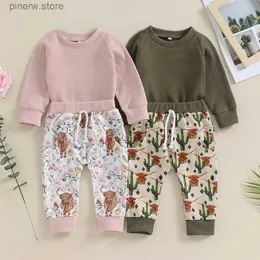 Conjuntos de ropa Otoño, niñas, niños, ropa, sudadera con gofres, pantalones de flores de ganado, 2 unids/set, trajes de algodón, ropa para niños, chándales para niños pequeños