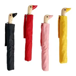 Duck Head with Wooden Handle Umbrella Personality Automatic Yang Cover Duck Head Umbrella 2 folding Sunscreen230P