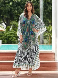 Mulheres Swimwear Plus Size Kaftans para Mulheres Pavão Penas Imprimir Túnicas Caftans Beachwear Bohemian Dress Robe V Neck Bikini Cover Up