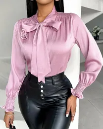 Camisas femininas moda mulher blusa 2024 primavera rosa detalhe gravata pescoço shirred casual simples manga longa ruched diário topo y2k roupas