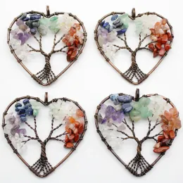 Rings New Mixed Natural Stone Heart Shaped Life Tree Ancient Copper Wire Wrapped Pendant 50mm for Jewelry Making Wholesale 6pcs/lot