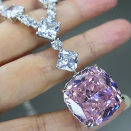 Pendants KQDANCE Cushion Cut 20*20mm Pink Zircon Tennis Necklace With Large Stones For Woman Party Luxury Designer 18K Gold Pated Jewelry