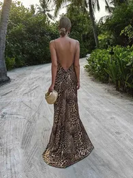 Basic Casual Dresses Leopard Backless Sling Maxi Dress For Women Sexy Off Shoulder Sleeveless Slim Vestidos Elegant Vacation Beach Robe Female T240129