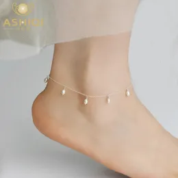 Ashiqi Natural Freshwater Pearl 925 Sterling Silver Anklets For Women 3-4mm Pearl Foot Jewelry Silver Kvinnlig benkedja 240118