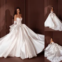 Elegantes A-Linie-Hochzeitskleid für Frauen, trägerlos, ärmellos, Brautkleider, Perlen, Spitze, Applikationen, Schleife, Sweep-Zug, Schnürkleid, nach Maß, Vestidos de Novia