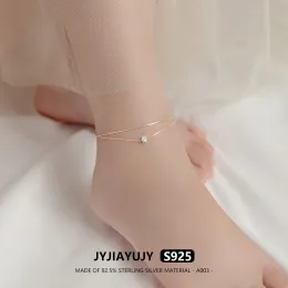 anklets jyjiayujy 100％全体のスターリングシルバーS925アンクレットインクレットダブルレイヤーデザイン5mmジルコンジュエリーギフト毎日使用a003