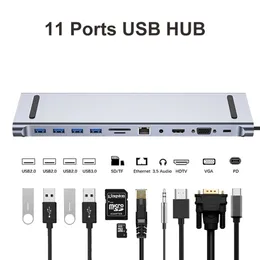 11/12-em-1 USB Hub Tipo C Divisor para USB3.0 Expansão HDTV 4K 30Hz RJ45 SD/TF VGA PD Adaptador para Laptop Mac Docking Station Concentrador