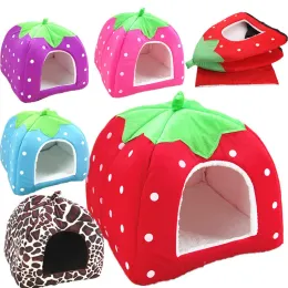 Mats New Pet Product Cat House Bed Foldable Soft Winter Leopard Dog Bed Strawberry Cave Dog House Kennel Nest Dog Fleece Cat Bed