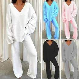 2 parçalı/set kadın pijama seti gevşek v yaka kadın pijama seti düz renkli uzun kollu elastik bel pijamaları 240129