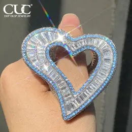 Rings Cuc Blue Zircon Big Heart Love Shape Ring for Men Women Iced Out Baguette Rings Copper Charm Sier Color Hiphop Jewelry Gift